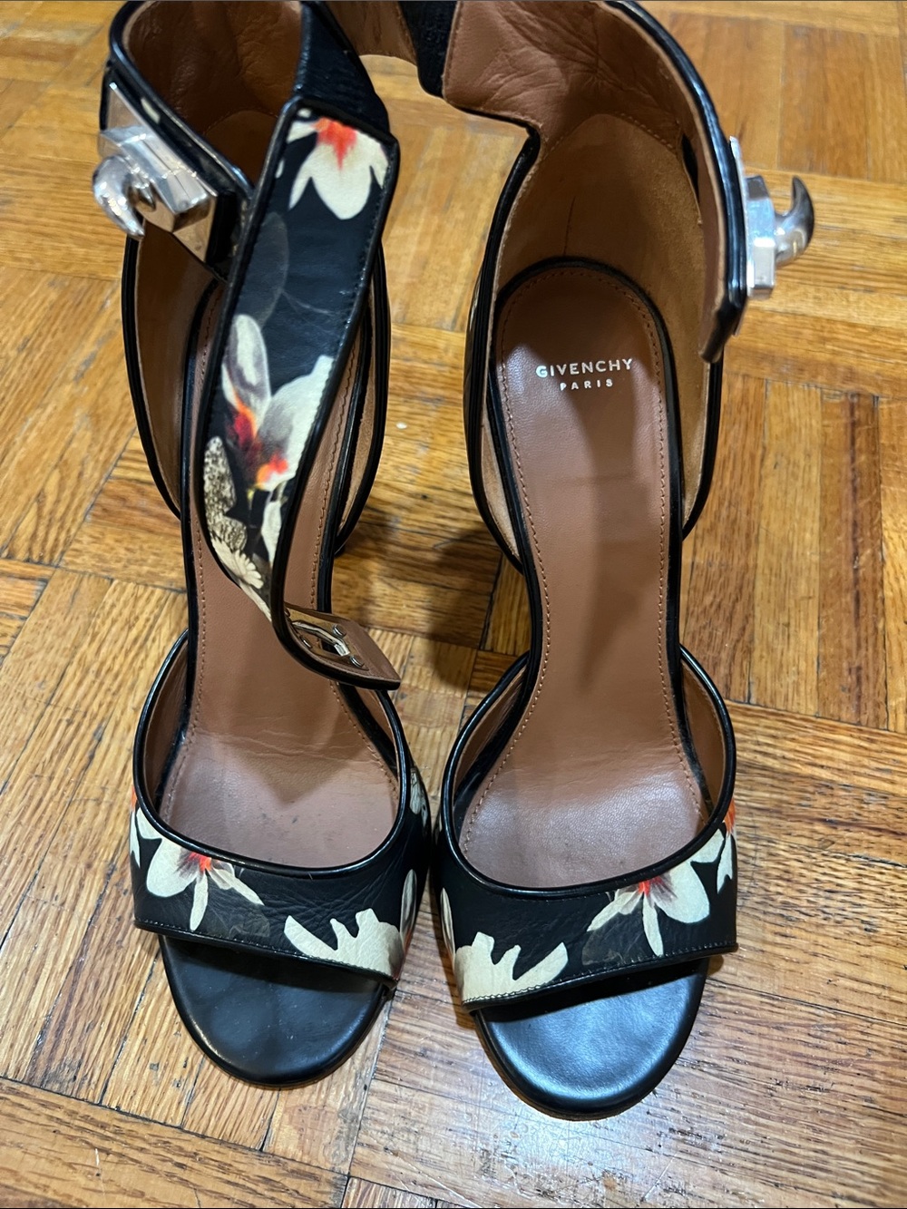 Givenchy Black Floral Open-Toe Ankle-Strap Heels excellent condition